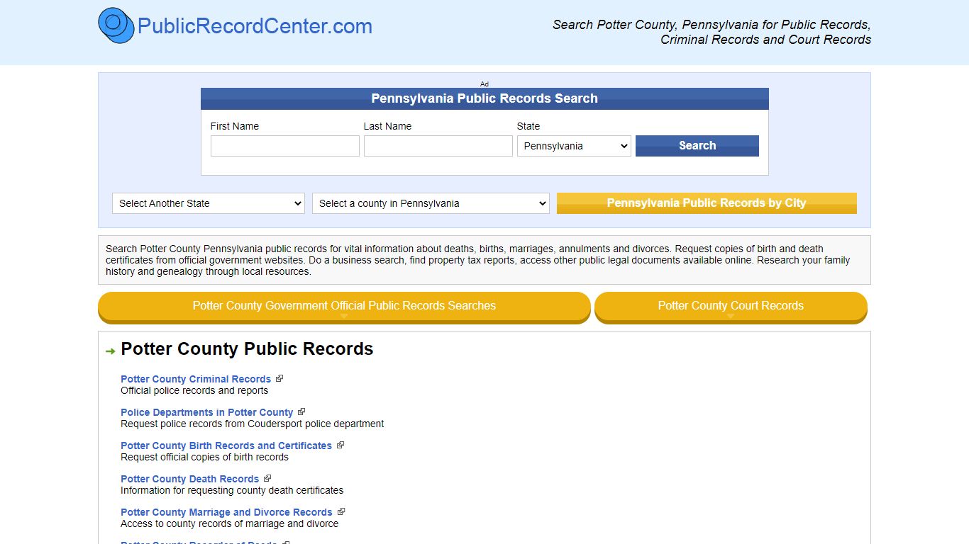 Potter County Pennsylvania Free Public Records - Court ...